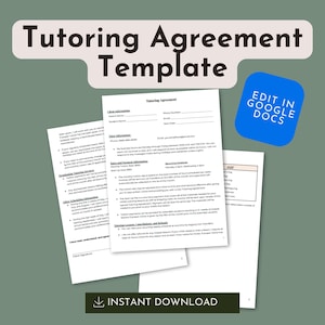 Pode incluir: Um modelo de contrato de tutoria com o título "Tutoring Agreement Template" numa bolha de fala branca. O documento inclui secções para informações do cliente e do tutor, e um quadrado azul com "Edit in Google Docs". Um botão "Instant Download" está na parte inferior.