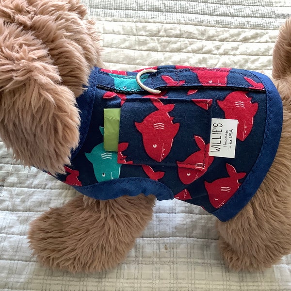 Dog Harness—Cool Weather—Navy with Red Sharks—X-Sm-Cotton and Flannel-Hook and Loop