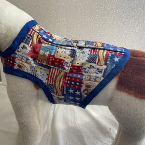 May include: A patriotic dog harness featuring a patchwork design with American flags, stars, and patriotic text. The harness has a blue trim and a metal ring for leash attachment. A small red bow is attached to the harness.