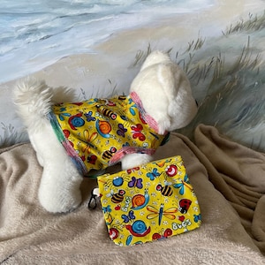 Small Dog Harness and Treat Bag – Yellow Bug Print Cotton, Hook and Loop Fasteners