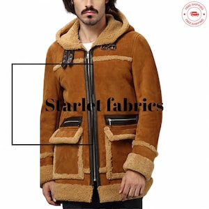 Mens Aviator Coat Vintage Brown Pilot Jacket | Sheepskin Shearling Brown Real Leather Coat | Men&#39;s RAF B3 Fur Real Leather Hooded Jacket |