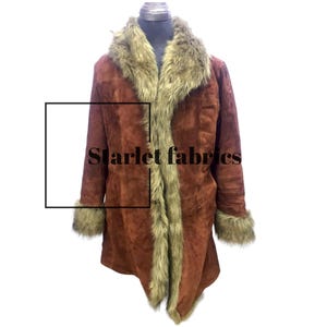Brown Suede Full Length Duster Fur Coat | Women&#39;s Brown Suede Real Leather Faux Fur Overcoat | Personalised Gift Women Coat |