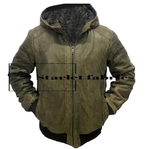 Chaqueta de cuero con capucha para hombre hecha a mano / Chaqueta de cuero de invierno para hombre / Chaqueta de motociclista de piel de oveja Chaqueta de motocicleta con capucha / Regalo para él /