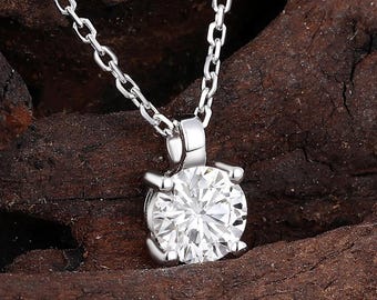 Round Lab Diamond Solitaire Necklace, White Gold Simple Pendant, Classic Minimalist Necklace
