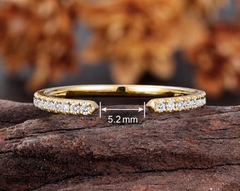 Lab Diamond Open Wedding Band, Yellow Gold Pave Cuff Ring, Stackable Bridal Ring