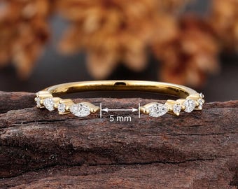 Lab Diamond Open Wedding Band, Yellow Gold Marquise Round Cluster Ring