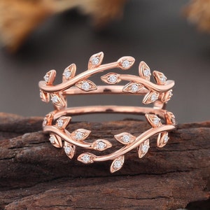 Enhancer Wedding Band, Lab Grown Diamond Ring, Bridal Ring Jacket, Nature Inspired Leaf Ring, Twig Matching Ring, 14K Rose Gold Ring Guard