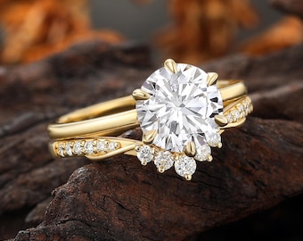 2.0CT Lab Diamond Bridal Set, Round Brilliant Engagement Ring, Infinity Curved Wedding Band