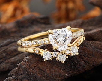 2Pcs Lab Diamond Gold Bridal Set, Heart Cut Engagement Ring, Starburst Curved Wedding Band