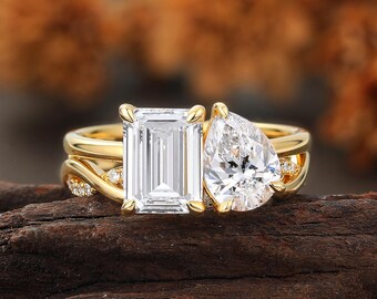 Toi et Moi Ring, Pear Emerald Cut Double Stone Engagement Ring, Twisted Wedding Band