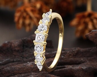 0.6 CTW Lab Diamond Wedding Band, Princess Round Pear Cut Ring, Yellow Gold Half Eternity Band for Women