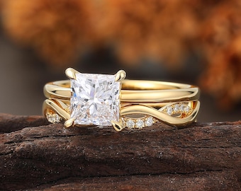 Princess Cut Lab Diamond Bridal Set, Solitaire Engagement Ring, Twisted Yellow Gold Wedding Band
