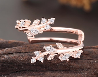 Alianza de boda con forma de hoja, anillo de rama con corte marquesa, anillo de oro rosa con diamantes de laboratorio, anillo de media eternidad, anillo apilable con giro, anillo inspirado en la naturaleza.