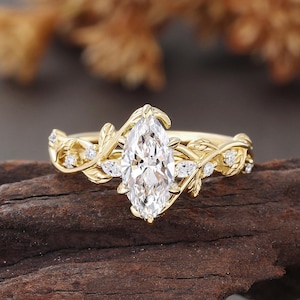 Marquise Cut Lab Diamond Engagement Ring,Yellow Gold Twisted Ring, Unique Bypass Leaf Wedding Ring, Nature Inspired Anniversary Ring Women,Rose Gold, White Gold, Yellow Gold, Solid 10K/14K/18K Gold, Platinum Ring for Her, Anniversary Gifts for Women