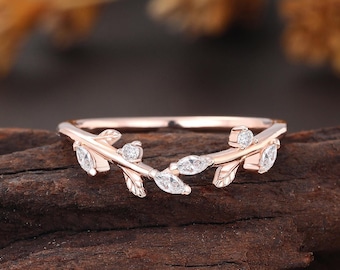 Anillo de talla marquesa, alianza curva, anillo de diamantes cultivados en laboratorio, anillo en forma de hoja, anillo de media eternidad de oro rosa, anillo apilable inspirado en la naturaleza.