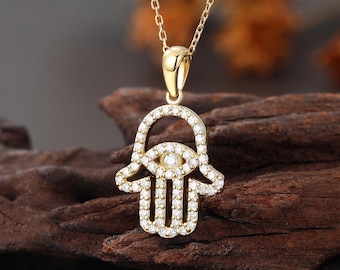 Evil Eye Pendant, Hamsa Hand Necklace, Jewellery Gift for Her, Solid Yellow Gold Necklace, Vintage Unique Bridal Jewelry, Anniversary Gifts