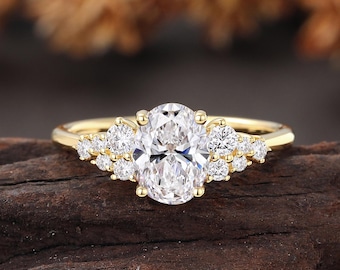 Oval Cut Engagement Ring, 1CT/1.5CT/2CT Lab Grown Diamond Cluster Wedding Ring, Yellow Gold Bridal Ring, Anniversary Promise Ring For Women