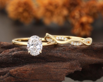 2Pcs Oval Lab Diamond Bridal Set, Solitaire Engagement Ring, Twisted Yellow Gold Wedding Band