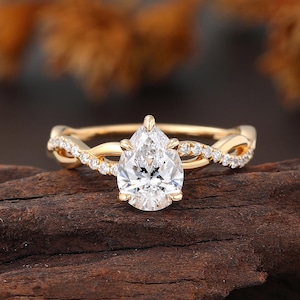 Pear Lab Diamond Engagement Ring, Yellow Gold Twist Wedding Band, Infinity Bridal Ring