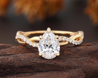 Anillo de compromiso con diamante de laboratorio en forma de pera, anillo de boda retorcido de oro amarillo, anillo de novia infinito con banda retorcida, anillo único de media eternidad para mujer.