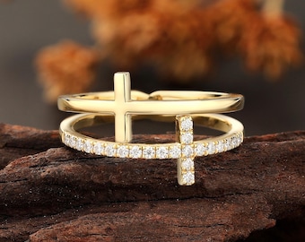 Yellow Gold Lab Diamond Cross Wedding Band, Christian Faith Religious Jewelry, Christian Baptism Gifts