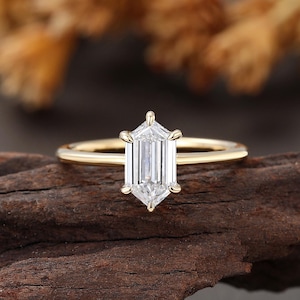 Long Hexagon Cut Engagement Ring,Yellow Gold Lab Diamond Ring, Solitaire wedding Ring, Minimalist Anniversary Ring Women,Bridal Promise Ring
