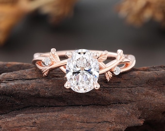Oval Cut Lab Diamond Engagement Ring, Rose Gold Twisted Ring, Twig Leaf Wedding Ring, Nature Inspired Bridal Ring, Anniversary Ring Women