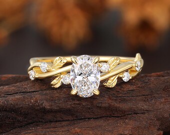 Oval Lab Diamond Engagement Ring, Nature Inspired Leaf Ring, Twisted Half Eternity Gold Jewelry