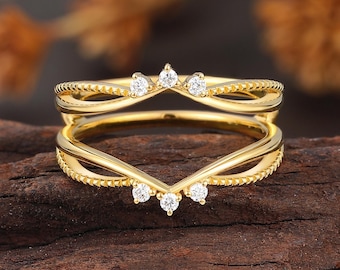 Lab Diamond Infinity Ring Jacket, Vintage Enhancer Wedding Band, Milgrain Yellow Gold Ring Guard