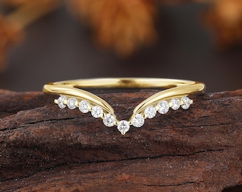 Lab Diamond Chevron Ring, Stackable Curved Wedding Band, Yellow Gold Matching Jewelry