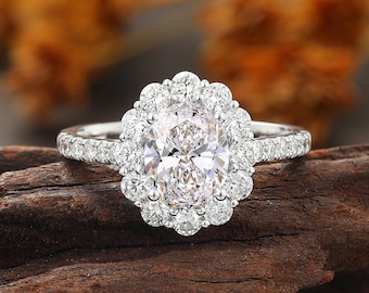 Oval Lab Diamond Halo Engagement Ring, Half Eternity White Gold Wedding Ring