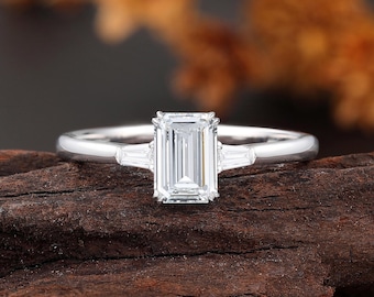 1-10 CT Emerald Cut Engagement Ring, IGI Certified Lab Grown Diamond Ring, Tapered Baguette Wedding Jewelry, White Gold Anniversary Ring