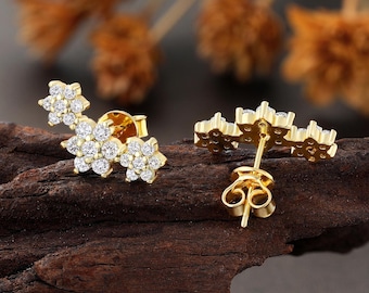 Lab Diamond Flower Ear Climber Earrings, Yellow Gold Daisy Cluster Crawler, Bridal Jewelry for Women