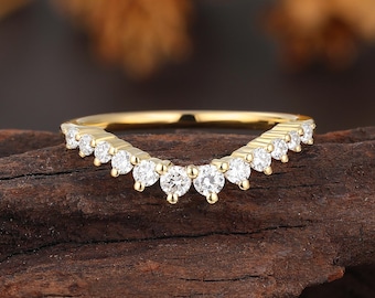 Lab Diamond Curved Wedding Band, Yellow Gold Stackable Matching Ring, Half Eternity Bridal Jewelry