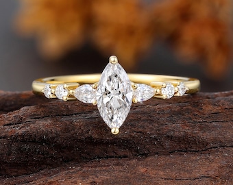 1 CT Marquise Lab Grown Diamond Engagement Ring, Yellow Gold Half Eternity Wedding Ring, Cluster Bridal Ring for Women