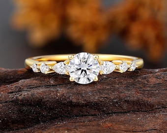 0.5 CT Round Lab Diamond Engagement Ring, Yellow Gold Half Eternity Wedding Ring, Dainty Bridal Jewelry for Women