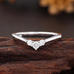Lab Diamond Ring For Her, Curved Wedding Band, White Gold Matching Ring, Chevron Stackable Ring,  Unique Stacking Ring, Bridal Ring Women