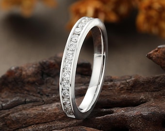 Lab Diamond Wedding Band, White Gold Channel Set Stackable Ring, Matte/Polished Finish Matching Ring