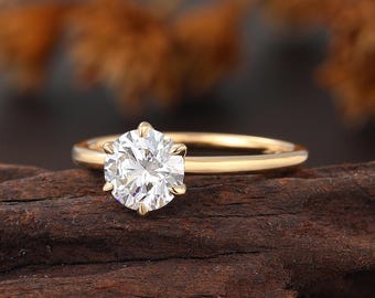 1 CT Solitaire Lab Diamond Ring, 6 Prong Classic Engagement Ring, Yellow Gold Wedding Ring, Prong Set Bridal Ring, Anniversary Ring Women