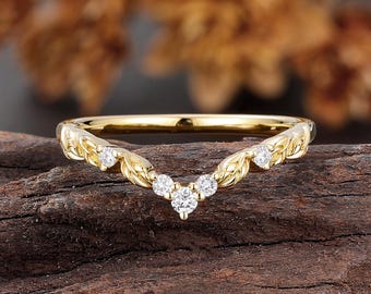 Lab Diamond Leaf Vine Ring, Yellow Gold Nature Inspired Chevron Ring, Twig Curved Wedding Band, Woodland Bridal Ring