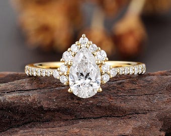 Pear Lab Diamond Engagement Ring, Half Halo Yellow Gold Cluster Ring, Pave Diamond Bridal Ring