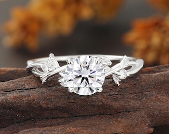 Round Lab Diamond Engagement Ring, White Gold Twisted Ring, Nature Inspired Leaf Wedding Jewelry