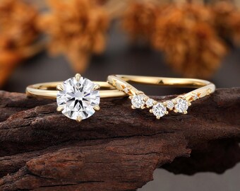 1.5CT Round Lab Diamond Engagement Ring, Starburst Wedding Band Set