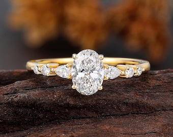 1 CT Oval Lab Diamond Engagement Ring, Yellow Gold Wedding Ring, Half Eternity Bridal Ring for Women