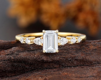 1 CT Emerald Cut Lab Grown Diamond Engagement Ring, Yellow Gold Half Eternity Wedding Ring, Cluster Bridal Ring for Women