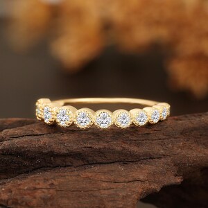 Vintage Yellow Gold Wedding Band, Lab Grown Diamond ring,Half Eternity Ring, Unique Stackable Ring, Milgrain Matching Ring, Anniversary Ring