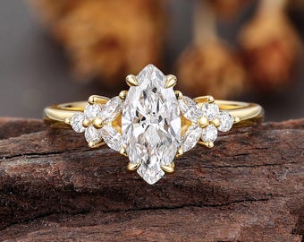 Lab Grown Diamond Marquise Ring, Yellow Gold Flower Cluster Engagement Ring, Vintage Floral Bridal Ring