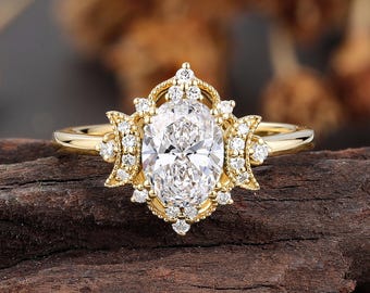 Oval Lab Diamond Engagement Ring, Vintage Milgrain Yellow Gold Halo Ring, Art Deco Cluster Bridal Ring