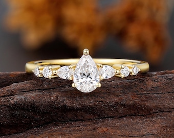 1 CT Pear Cut Lab Grown Diamond Engagement Ring, Yellow Gold Half Eternity Wedding Ring, Bridal Jewelry for Women