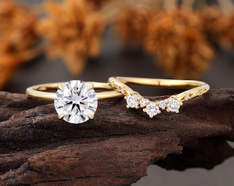2CT Round Brilliant Lab Diamond Bridal Set, Solitaire Engagement Ring, Starburst Curved Wedding Band